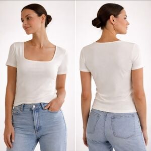 White Square Neck Top Fitted Minimalist Clean Girl Chic Size 8 S
